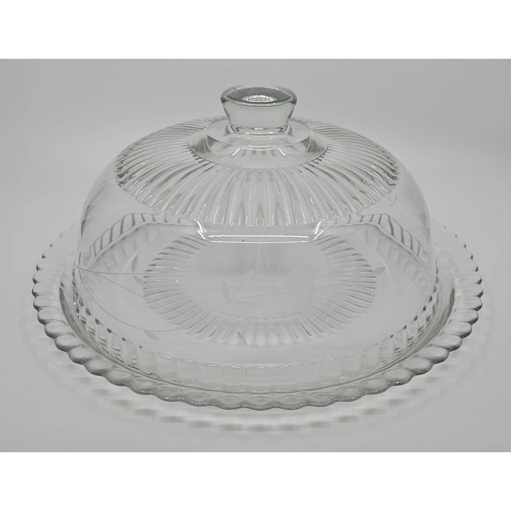 Vintage Princess House Clear Glass Cake Stand Dome and Platter Etched Floral 13"